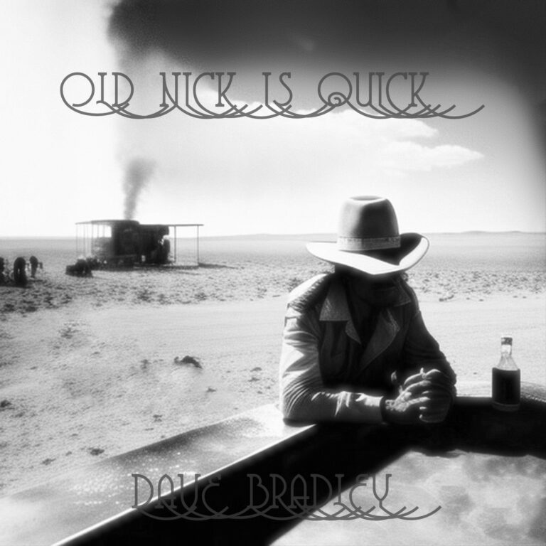 Artwork my Old Nick is Quick song, generated with MidJourney and modified. Shows a guy in a big hat drinking at a bar outdoors in the desert, with a blurred building or vehicle giving off smoke behind him