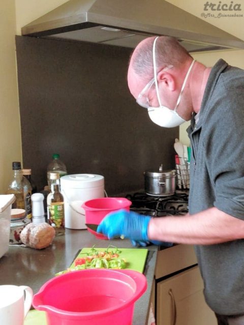 Chopping weapons-grade, home-grown Scotch Bonnet chili peppers