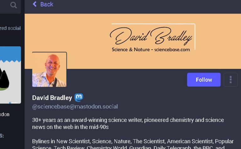 David Bradley's Mastodon header, showing photo of David and his name with the sciencebase.com URL displayed