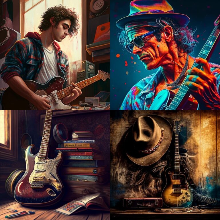 MidJourney art generated from three "guitar" emoji