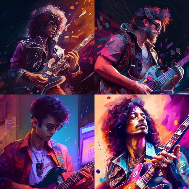 MidJourney art generated from "microphone, guitar, drum" emoji