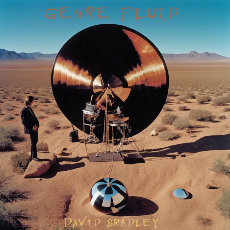AI generated album cover. Surrreal desert scene with what looks like a long-haired man in a suit standing on a rock starting at an enormous shiny vinyl album in front of which are various contraptions and devices that resemble some kind of radio-punk, as opposed to steam-punk drumkit. In the foreground is a silver and black orb with wires and to the right of that a silvery blob that could almost be a discus of solid mercury. Perhaps if it were liquid that would fit with the genre fluid idea...