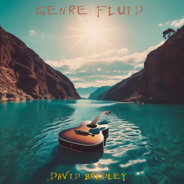 Alternative album cover for Genre Fluid. AI generated shows an acoustic guitar floating downstream in a ravine towards the sun