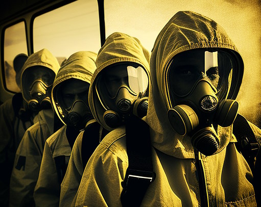 MidJourney AI generative image of people in hazmat suits