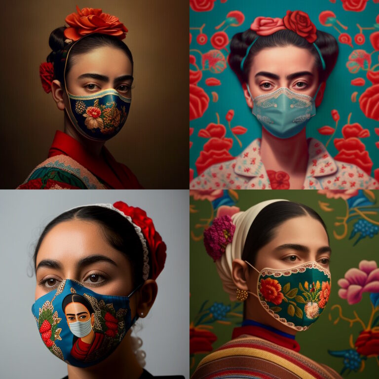 AI generated images in the style of Frida Kahlo wearing a covide mask
