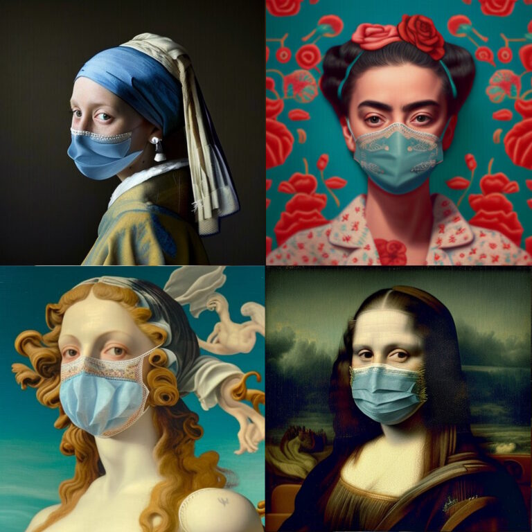 AI generated versions of classic female portraits where the subjects are wearing covid face masks. Girl with the pearl eaarring, Frida Kahlo, Birth of Venus closeup, Mona Lisa.