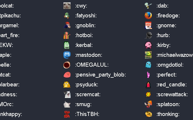 Various emoji and the codes needed to use them on Mastodon