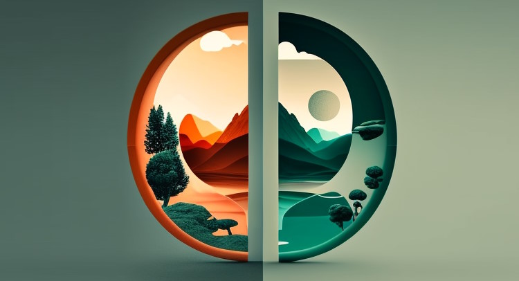 A MidJourney image generated by prompting with the following: Can you create an image that visually represents the balance between the benefits and drawbacks of using mindfulness apps? The image should convey the idea that while mindfulness apps can be helpful tools, they also have potential negative consequences. Think about how you can use contrasting colors, shapes, or imagery to represent these opposing forces.