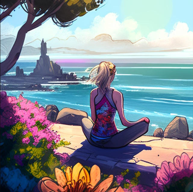 Mid Journey image: "A photorealistic cartoon of a seated woman in yoga attire in a peaceful natural, sunny setting by the sea surrounded by flowers and being mindful"