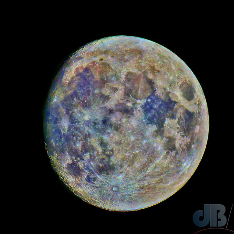 Mineral Moon - 94% waxing gibbous. Blue regions have more titanium-containing basaltic ilminite (titanium iron oxide), yellower regions less.